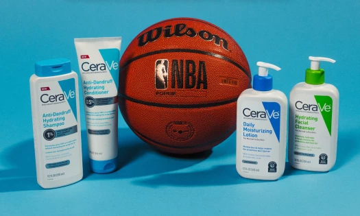 CeraVe products surrounding an NBA-branded basketball