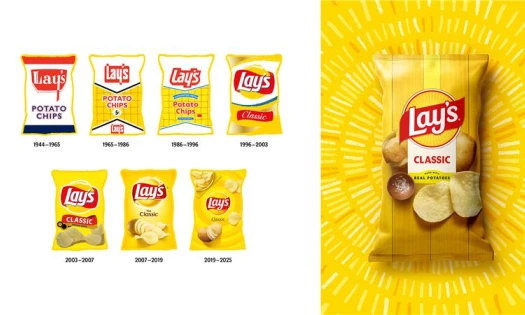 The redesigned Lay's Classic potato chip bag with the new logo beside two creates of real potatoes