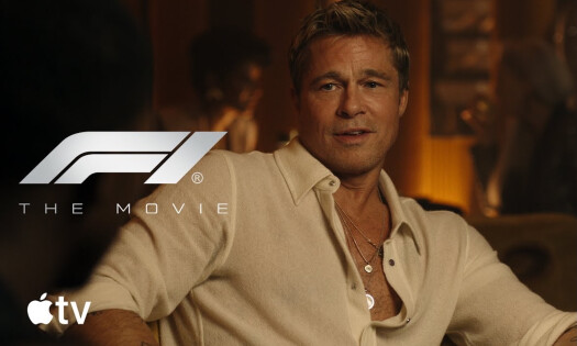 Brad Pitt in "F!: The Movie" with the new Apple TV logo
