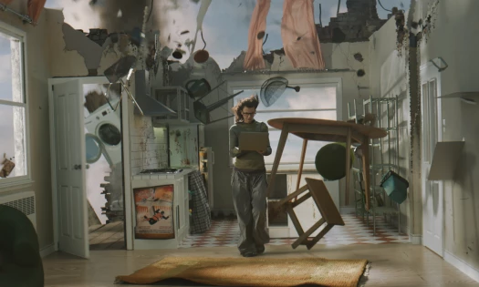 A woman on her laptop standing in the middle of her kitchen with furniture flying around her