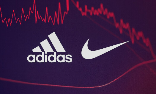 Adidas and Nike logos against purplish background of graph lines going down