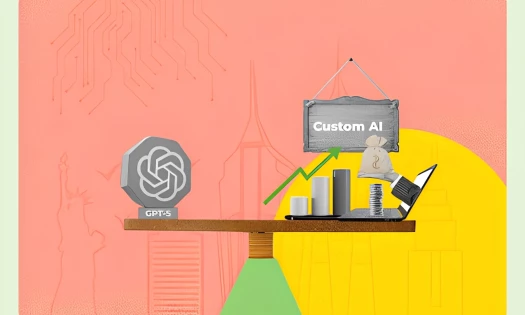 Illustration of GPT-5 balancing custom AI, finance, and growth on a scale, symbolizing fintech efficiency and scalability.