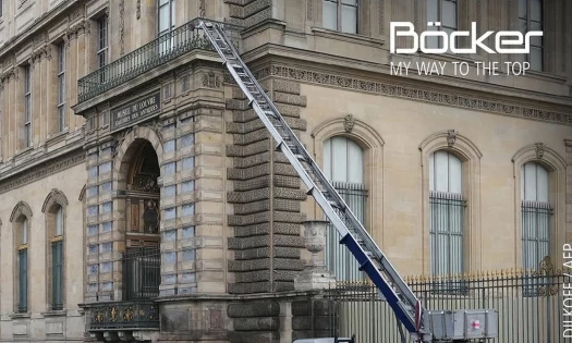 The Böcker lift used by thieves in the Louvre heist with police and crime scene tape