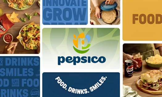 PepsiCo's new corporate logo with a background showing some of its brands and tagline "Food. Drinks. Smiles."