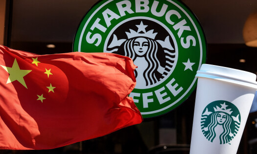 Graphics of a China flag superimposed on a Starbucks store sign and coffee cup