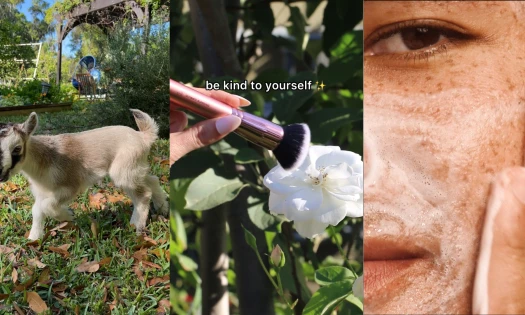 A baby goat, a flower, and a woman putting on skin care products