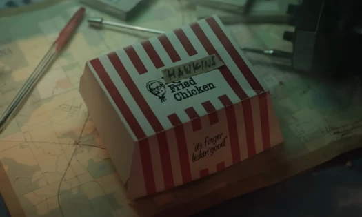 a retro KFC chicken burguer with Stranger Things lettering