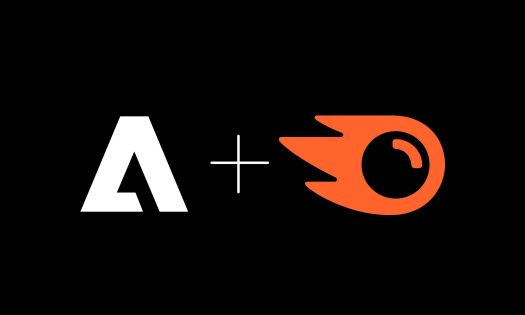 The Adobe and Semrush logos featured side by side, overtop of a black background