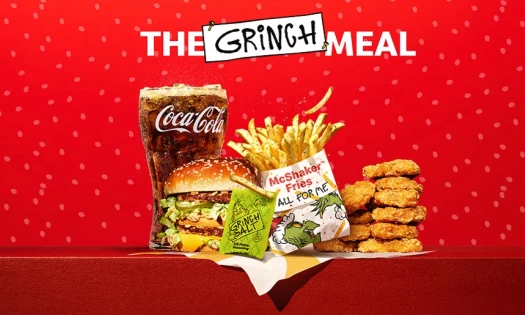 Mcdonald's tThe Grinch Meal: Coke, burger, McShaker fries, and chicken nuggets