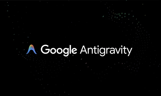The official Google Antigravity logo overtop of a black backdrop with confetti-like graphics in the background