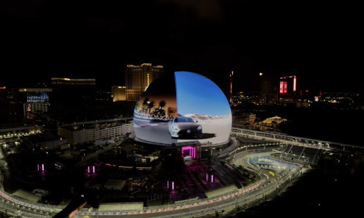 The Las Vegas Sphere lit up with Mercedes-Benz' visuals