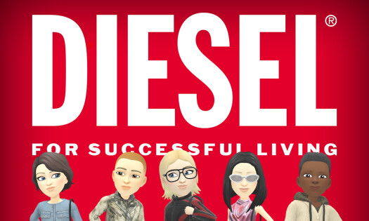 The Diesel logo shown above 5 different Bitmoji characters, in front of a red background