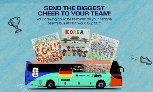 A promotional image for "The Greatest Cheer" campaign showing kids' drawings on a FIFA National Team Bus, and sample drawings placed above