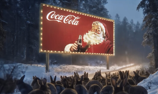 Santa holding a Coca-Cola bottle in a billboard with bunnies watching on a snowy road