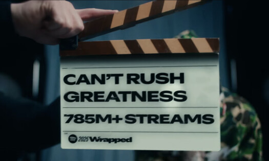 A clapperboard showing the text "Can't Rush Greatness, 785m+ streams" and the Spotify Wrapped 2025 logo