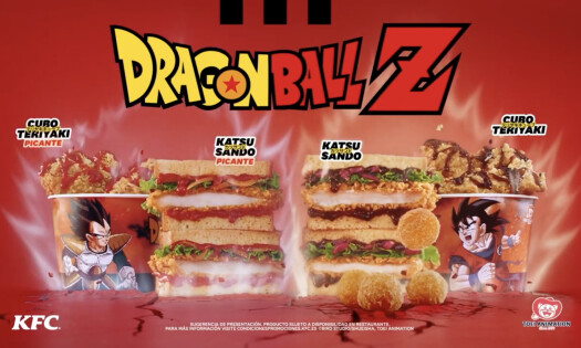 A promotional image for KFC's Dragon Ball Z campaign showing signature menu items, including a katsu chicken sandwich, and the anime's official logo
