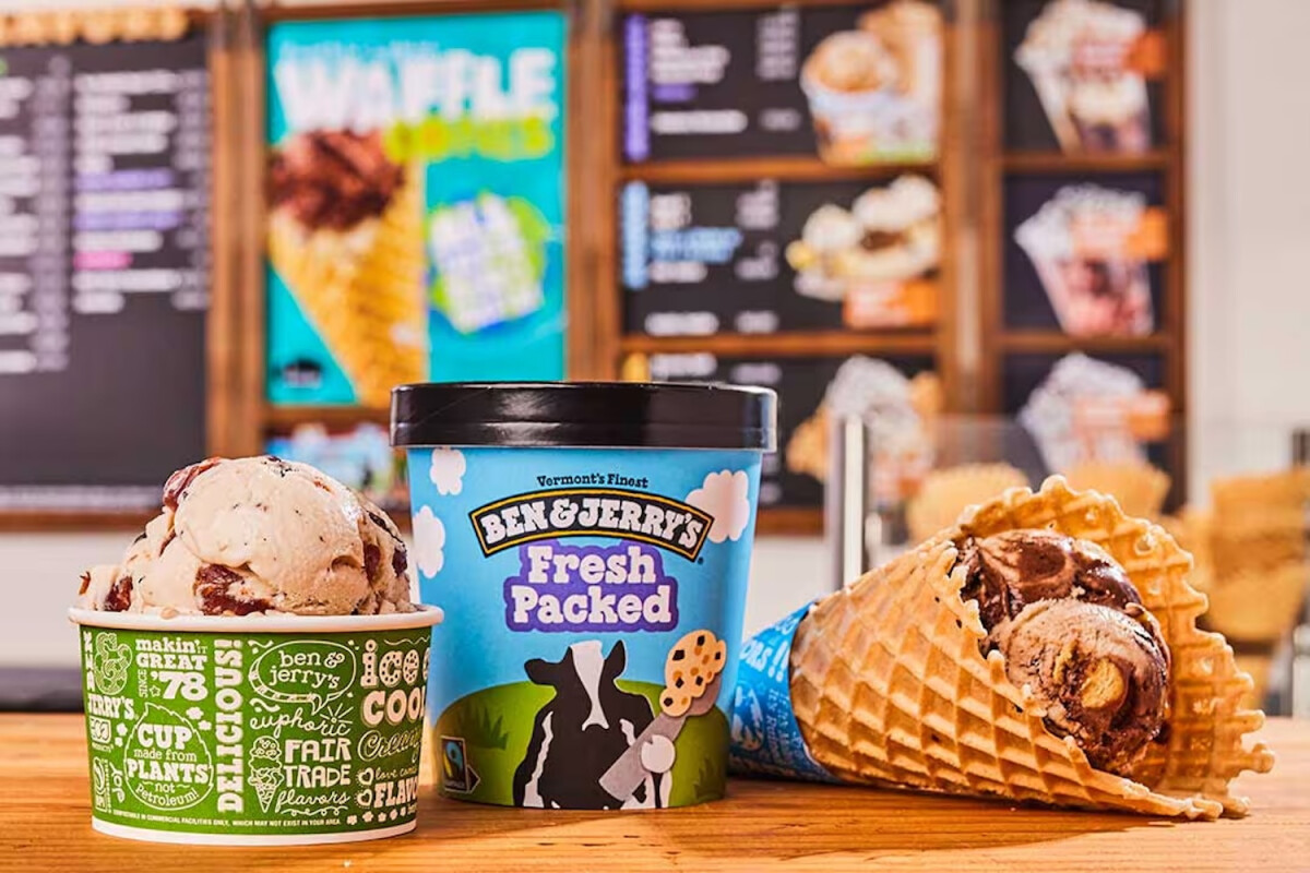 Ben and Jerry's ice cream in a tub, cup, and cone