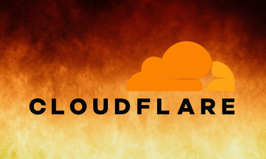 The Cloudflare logo shown overtop of a dark, fiery background