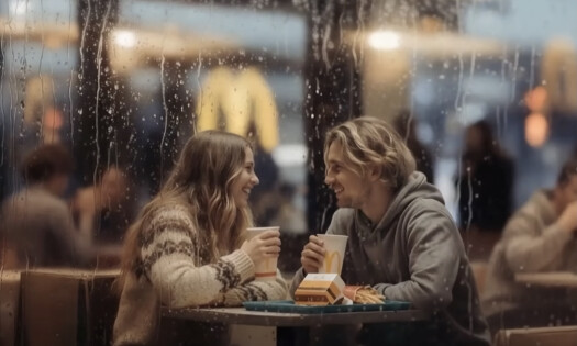 A screenshot of McDonald's Netherlands' AI-generated ad, showing a man on a bike riding past a canal with a Christmas tree in his front basket
