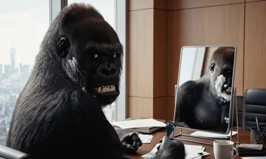 A screenshot from Dollar Shave Club's AI-generated ad, showing a gorilla shaving its face with a razor while sitting inside a corporate boardroom
