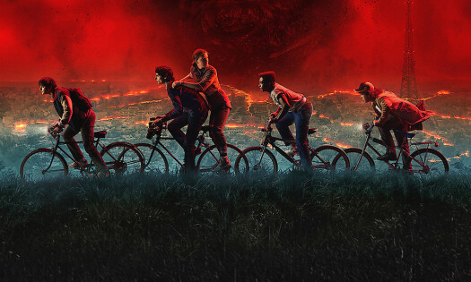 The five kids from Stranger Things riding their bikes