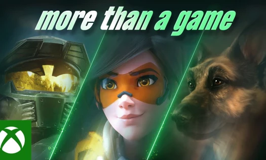 A robot, a woman, and a dog take the spotligh tin Xbox's latest ad banner