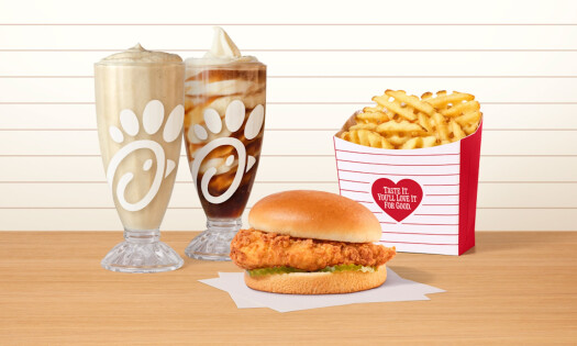 A promotional image showing a chicken sandwich, milkshakes and waffle fries from Chick-fil-A's latest "newstalgia" marketing campaign