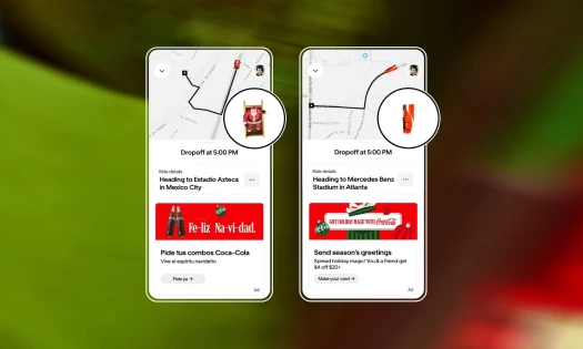 A screenshot showing Uber's Journey Takeovers, with branded Coca-Cola ads programatically featured in the Uber app