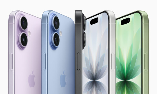 The iPhone 17, pictured in its different color selections (purple, blue, black, silver and green)
