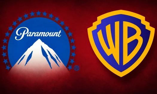 The Paramount and Warner Bros. logos shown side-by-side in front of a dark red background