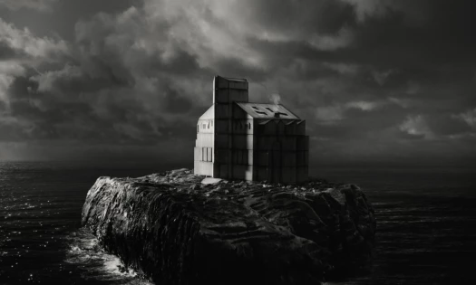 A house by the cliff in black and white
