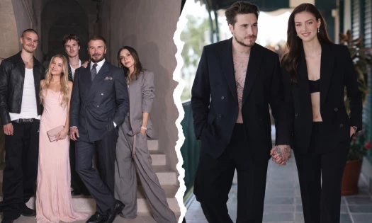 The Beckham family with a torn photo effect in the middle, Brooklyn and Nicola on the other side