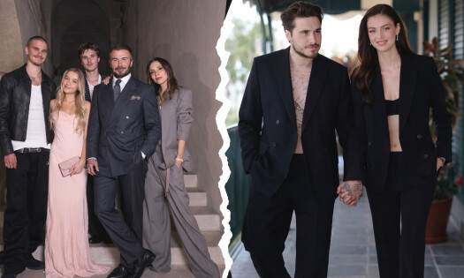 The Beckham family with a torn photo effect in the middle, Brooklyn and Nicola on the other side