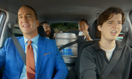 Shane Gills, Post Malone, and Peyton Manning in the car with a keg of Bud Light