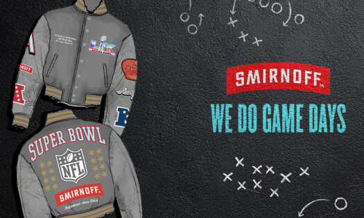 An illustrated image of Smirnoff's custom jacket, available for an eligible winner, shown with the NFL symbol and other fashion patches