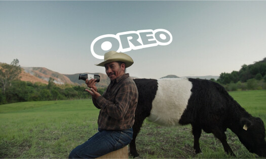 A man and an Oreo-patterned cow