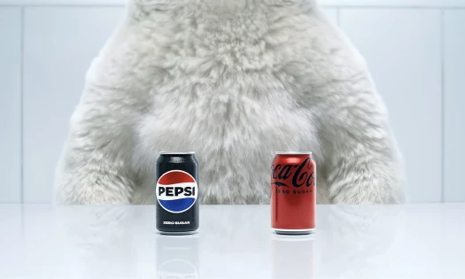 A polar bear sitting behind a table, with cans of Pepsi Zero Sugar and Coke Zero side-by-side