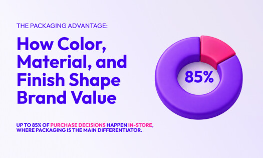 Hero image showing the headline “The Packaging Advantage: How Color, Material, and Finish Shape Brand Value” alongside a purple 3D donut chart highlighting an 85% statistic about in-store purchase decisions driven by packaging.