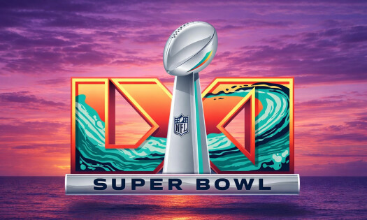 The Super Bowl LXI logo shown overtop of a background, shown with waves fixed within the Roman numeral "LXI"
