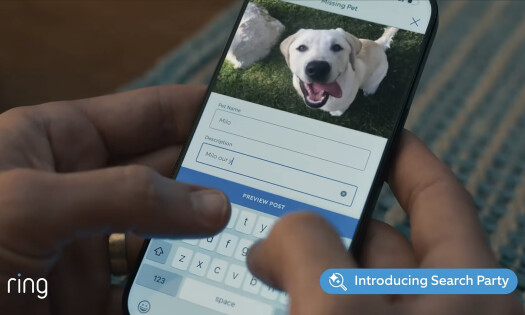 A screenshot of Ring's Search Party application, showing how someone can upload an image of their dog and describe their appearance