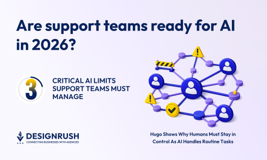 Graphic titled “Are support teams ready for AI in 2026?” featuring the text “3 Critical AI Limits Support Teams Must Manage” and a 3D network illustration with connected user icons, warning symbols, and a check mark, alongside the caption “Hugo Shows Why