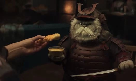 A CGI image of a cat dressed up like a samurai while holding a sword and a Domino's dip, while a hand dips a chicken tender into it