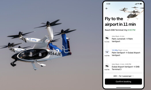 The Uber Air pictured flying in a sky, alongside the ride ordering system shown on a mobile screen
