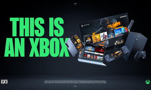 Campaign creative from Microsoft's 2024 'This is an Xbox' campaign, showing different Xbox devices and "THIS IS AN XBOX" shown in large green text