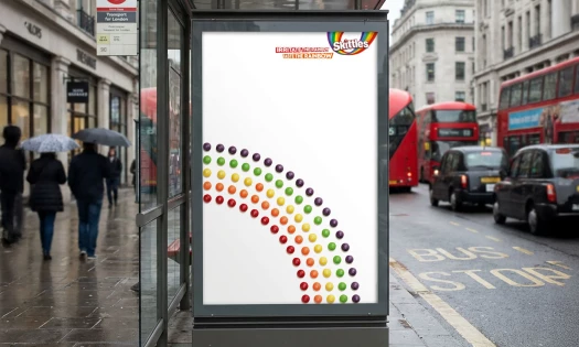 Skittles arranged in a rainbow with a misplaced orange candy