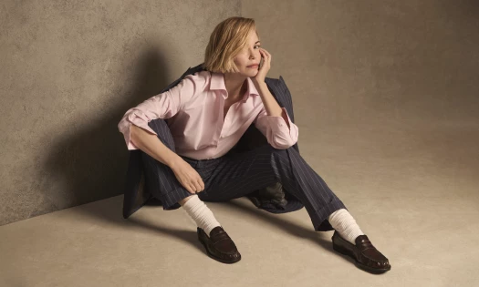 Actor Leslie Bibb pictured wearing an outfit from Brooks Brothers' 2026 spring collection