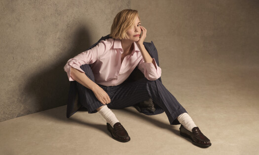 Actor Leslie Bibb pictured wearing an outfit from Brooks Brothers' 2026 spring collection