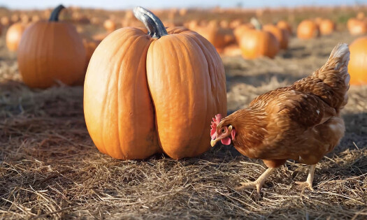 A rooster on a field beside a pumpkin shaped like a butt