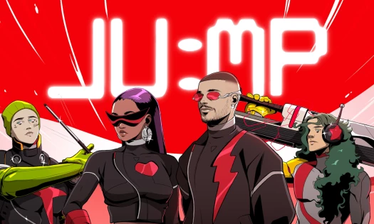 A promotional image for Coca-Cola's "JUMP" campaign showing J Balvin, Amber Mark, Steve Vai and Travis Barker styled as 1980s anime characters