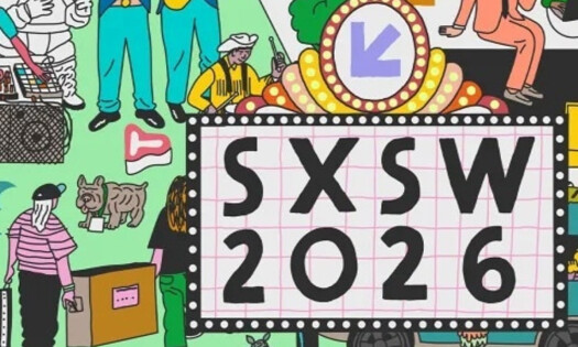A mural-like artwork with the "SXSW 2026" and its logo on a billboard surrounded by artists and creatives
